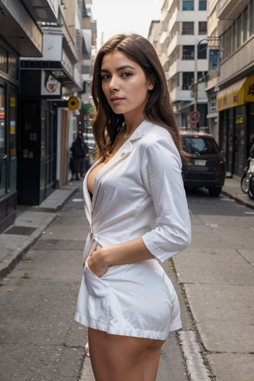 (8k, RAW photo, best quality, masterpiece: 1.2), (realistic, photorealistic: 1.37), 1 woman in suit standing on the sidewalk, cityscape, day, sunny morning, professional lighting, photon mapping, radiosity, Brazilian woman, torn, shirt, woman in suit, silk suit