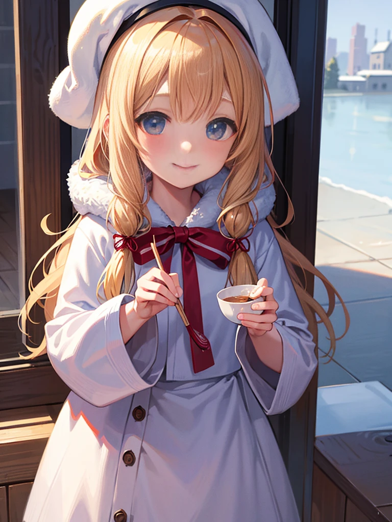 photo realistic, photo realistic, photo realistic, (masterpiece,best quality:1.4),(8k,raw photo,photo realistic:1.2),Not Safe for Work, detailed skin,detailed face,1girl,Japanese idol,cute face,Girl Eating Ramen、delicious、stall、1 girl、cute、blonde、wavy hair、long hair、medium bob、Knitted hats、ribbon、white breath、face close up、はにかんだsmile、Winter clothes、Warm clothes、smile、14age、、white breath、Breathe on your hands、white muffler、Idol、cape、robe、It's snowing、Exhaled breath is white、steam、Piping hot ramen in a bowl、