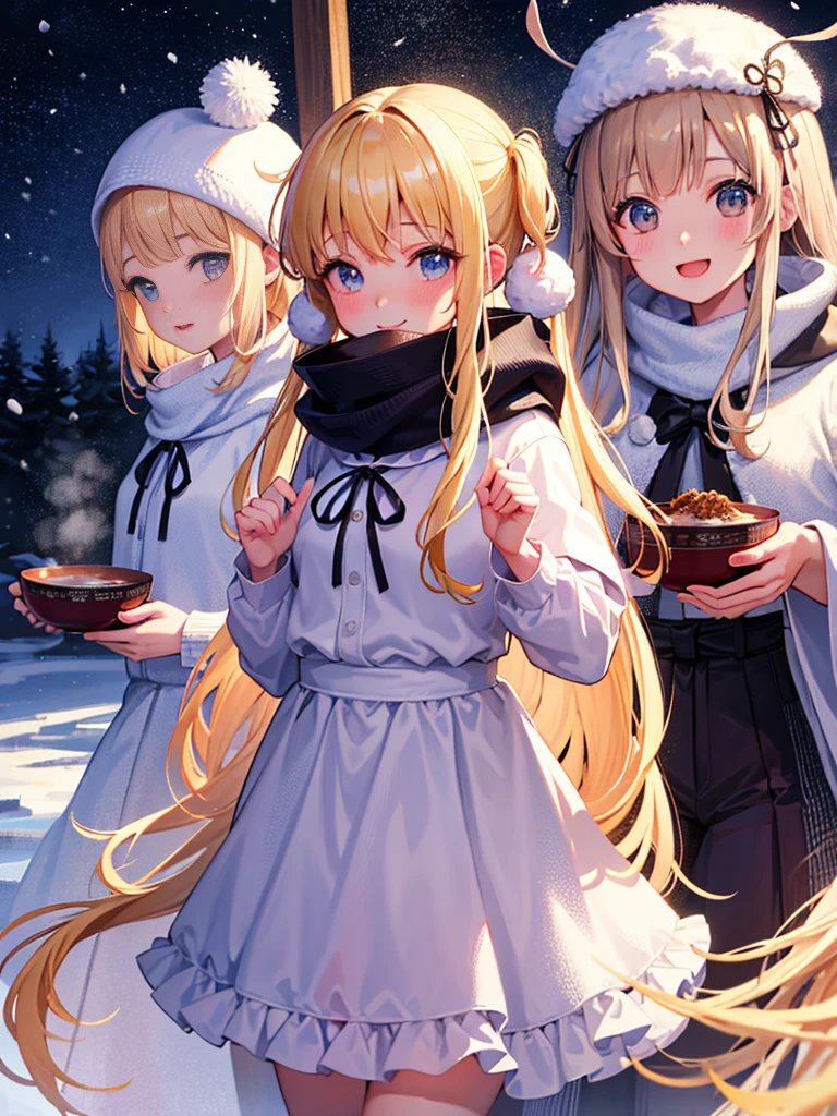 photo realistic, photo realistic, photo realistic, (masterpiece,best quality:1.4),(8k,raw photo,photo realistic:1.2),Not Safe for Work, detailed skin,detailed face,1girl,Japanese idol,cute face,Girl Eating Ramen、delicious、stall、1 girl、cute、blonde、wavy hair、long hair、medium bob、Knitted hats、ribbon、white breath、face close up、はにかんだsmile、Winter clothes、Warm clothes、smile、14age、little girl、white breath、Breathe on your hands、white muffler、Idol、cape、robe、It's snowing、Exhaled breath is white、steam、Piping hot ramen in a bowl、