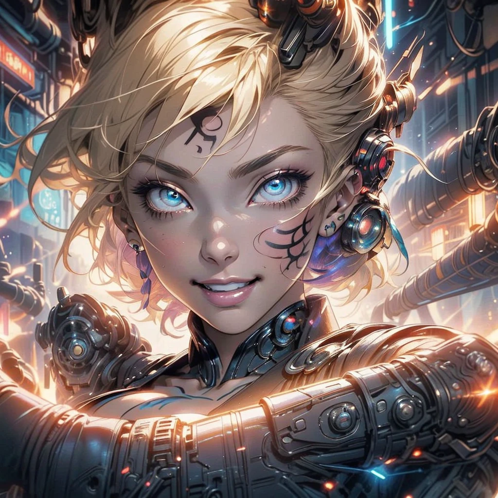 (((highest quality))),(((detailed eyes))),(((32k))),(1 girl),blonde,(tattoo),(cyber punk),kimono,((Luxurious and gorgeous)),Shiny skin,earrings,flashy,((Super beautiful woman)),(perfect face),Japanese sword,ultimate texture,official art,Ukiyo-e,stylish,photograph,perfect body,smile,Bewitching,Highest image quality,distinct,real,fantasy,(Near the future),ninja,((perfect eyes)),((big breasts)),((cleavage)),highlight,挑発的なsmile,(stick out tongue),split tongue,((mechanical)),inflammation,(steampunk),