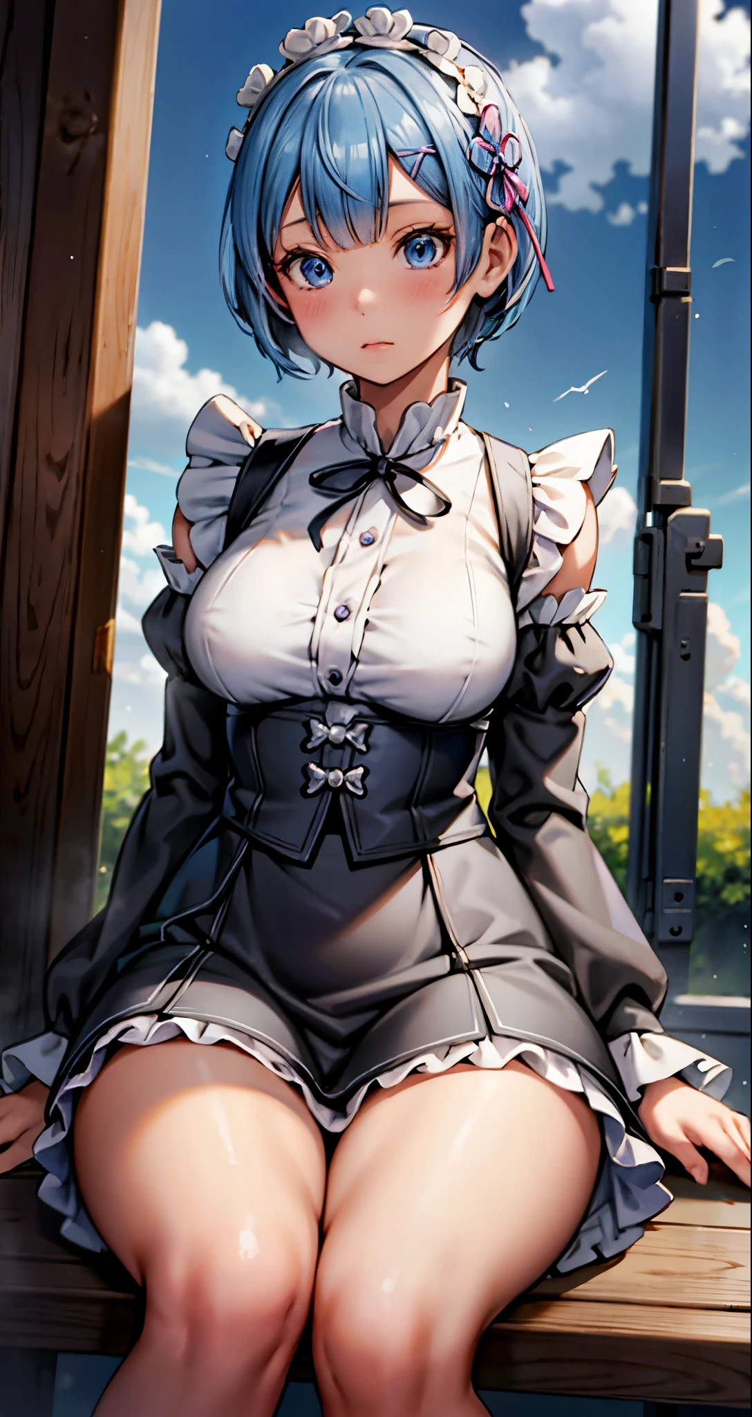 (masterpiece),(intricate details),1 girl,adult,huge breasts
BREAK
rezerorem, rem, blue eyes, blue hair, hair accessories, hair covering one eye, hair ribbon, short hair, x hair accessories, Break the apron, black ribbon, black skirt, black sleeve, split collar, Detached sleeves, flower, frilly apron, frilled skirt, decorate, 头flower环, long sleeves, maid, miniskirt, neck ribbon, purple ribbon, ribbon, ribbon trim, ribbon-trimmed sleeves, roswaal mansion maid uniform, short hair, skirt, Raise your legs high, waist apron, white apron, white Raise your legs high,
depth of field,looking at the audience,((sit , concert_hall,)),((Upper body)),dots,laughBREAK moon,night,bus stop,((Cumulonimbus)),from below:1.3,