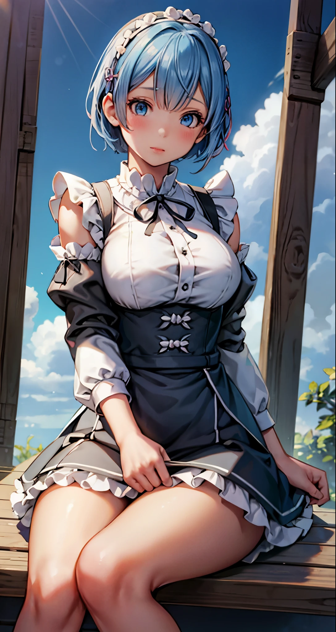 (masterpiece),(intricate details),1 girl,adult,huge breasts
BREAK
rezerorem, rem, blue eyes, blue hair, hair accessories, hair covering one eye, hair ribbon, short hair, x hair accessories, Break the apron, black ribbon, black skirt, black sleeve, split collar, Detached sleeves, flower, frilly apron, frilled skirt, decorate, 头flower环, long sleeves, maid, miniskirt, neck ribbon, purple ribbon, ribbon, ribbon trim, ribbon-trimmed sleeves, roswaal mansion maid uniform, short hair, skirt, Raise your legs high, waist apron, white apron, white Raise your legs high,
depth of field,looking at the audience,((sit , concert_hall,)),((Upper body)),dots,laughBREAK moon,night,bus stop,((Cumulonimbus)),from below:1.3,