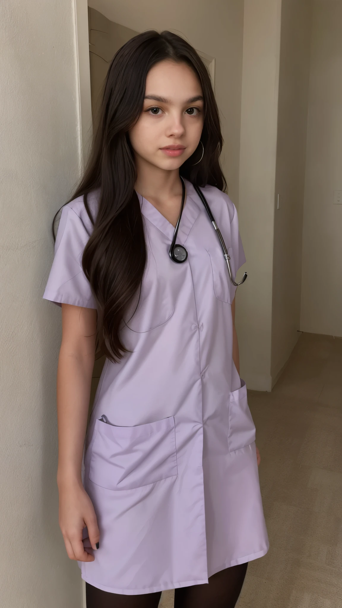 Olivia Rodrigo age 13, long hair: 1.3, nurse uniform, zombie girl, pantyhose, light skin, photorealistic