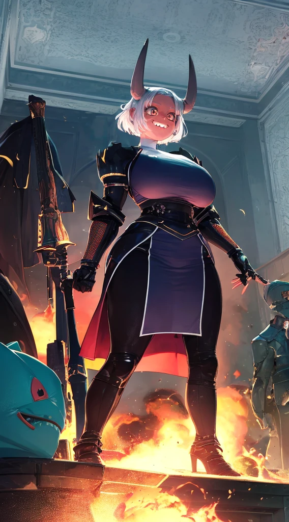 nun, demon girl, walking, , warpriesstes, silver hair, short hair, sacred gauntlets, long ski, cute smile, pure smile, love smile,,veillong skirt, pantyhose, staff holding, armor, gloves, standing, full body,sharpteeth,standing, full body, happy, joyfull, refsheet, red skinn, big nose,, drop shadow, anaglyph, stereogram, tachi-e, pov, atmospheric perspective, speed lines, vignetting, scanlines, motion lines, ray tracing, backlighting, reflection light, 8k, super detail, ccurate, best quality, best quality, high quality, super detail, anatomically correct, UHD, masterpiece, ccurate, textured skin, high details, award winning