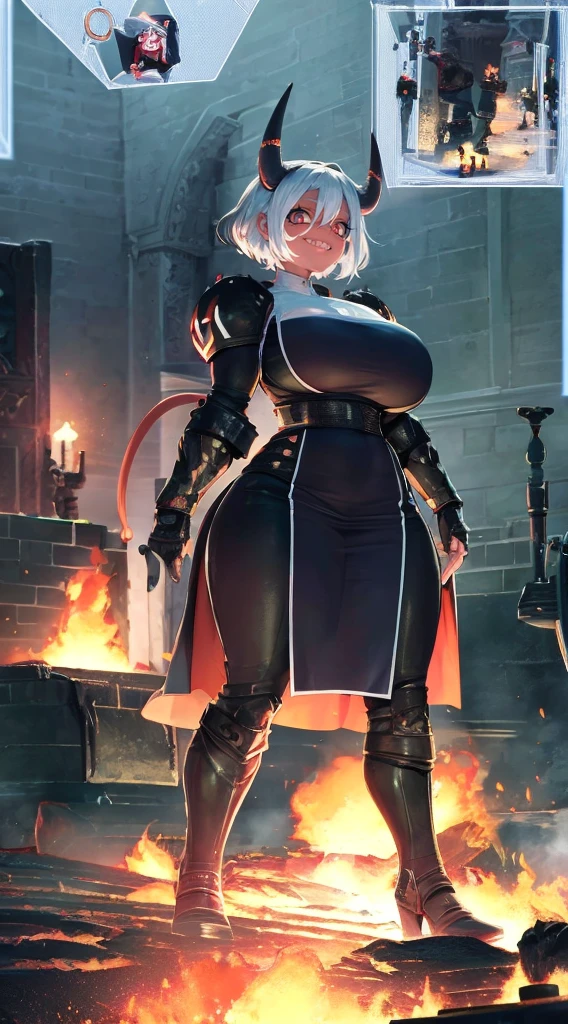 nun, demon girl, walking, , warpriesstes, silver hair, short hair, sacred gauntlets, long ski, cute smile, pure smile, love smile,,veillong skirt, pantyhose, staff holding, armor, gloves, standing, full body,sharpteeth,standing, full body, happy, joyfull, refsheet, red skinn, big nose,, drop shadow, anaglyph, stereogram, tachi-e, pov, atmospheric perspective, speed lines, vignetting, scanlines, motion lines, ray tracing, backlighting, reflection light, 8k, super detail, ccurate, best quality, best quality, high quality, super detail, anatomically correct, UHD, masterpiece, ccurate, textured skin, high details, award winning