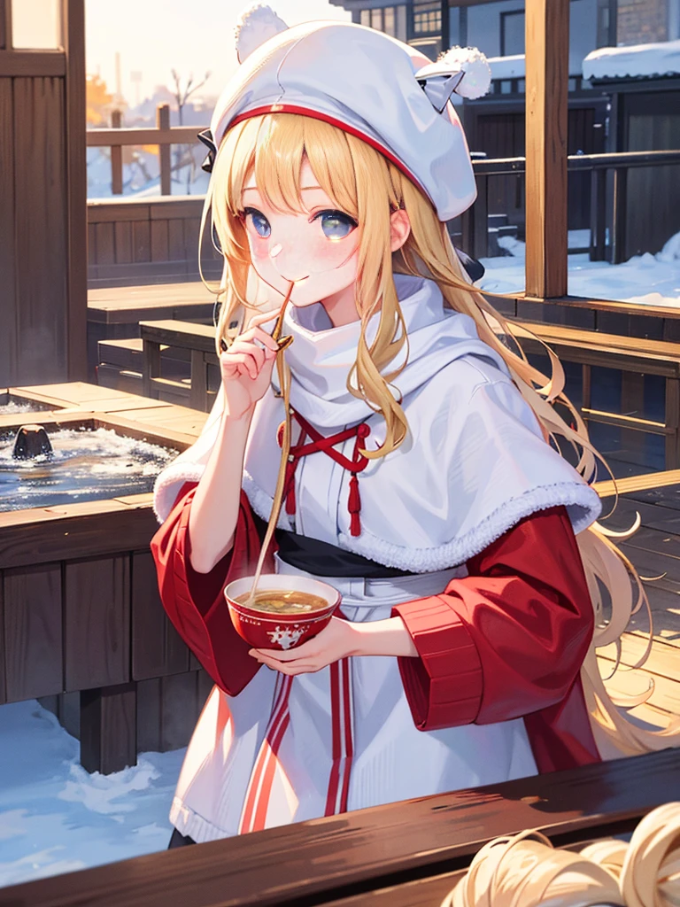 photo realistic, photo realistic, photo realistic, (masterpiece,best quality:1.4),(8k,raw photo,photo realistic:1.2),Not Safe for Work, detailed skin,detailed face,1girl,Japanese idol,cute face,A girl eating a bowl of ramen with chopsticks、delicious、stall、1 girl、cute、blonde、wavy hair、long hair、medium bob、Knitted hats、ribbon、white breath、face close up、はにかんだsmile、Winter clothes、Warm clothes、smile、１４age、little girl、white breath、Breathe on your hands、white muffler、Idol、cape、robe、It&#39;s snowing、Exhaled breath is white、steam、Winter Town、Lively、