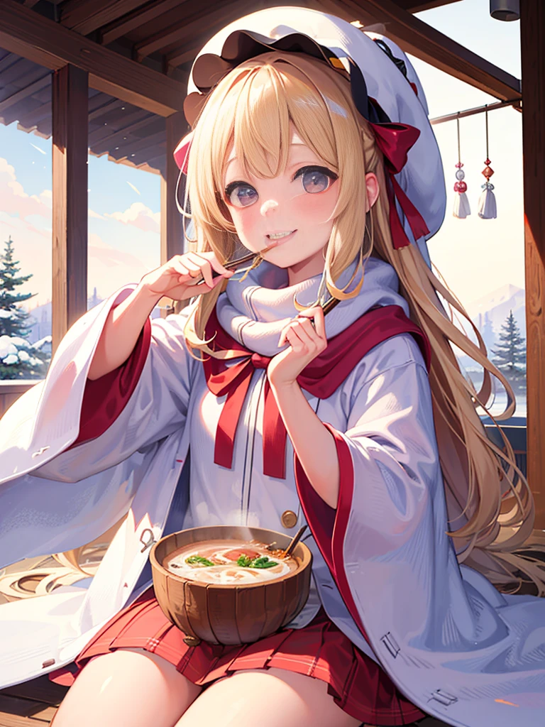 photo realistic, photo realistic, photo realistic, (masterpiece,best quality:1.4),(8k,raw photo,photo realistic:1.2),Not Safe for Work, detailed skin,detailed face,1girl,Japanese idol,cute face,A girl eating a bowl of ramen with chopsticks、delicious、stall、1 girl、cute、blonde、wavy hair、long hair、medium bob、Knitted hats、ribbon、white breath、face close up、はにかんだsmile、Winter clothes、Warm clothes、smile、14age、little girl、white breath、Breathe on your hands、white muffler、Idol、cape、robe、It's snowing、Exhaled breath is white、steam、Winter Town、Lively、