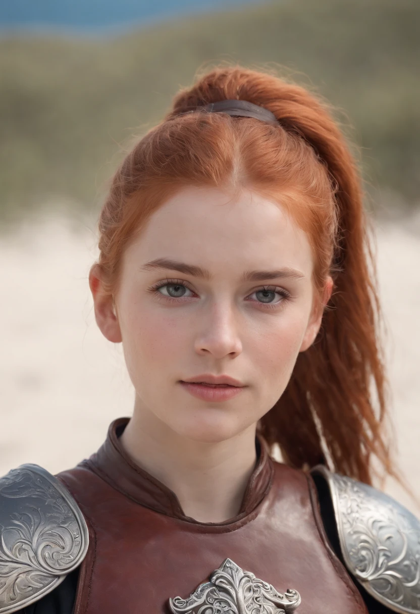 norwegian girl 14 years old ,Red-haired ponytail, dusty face, wearing leather armor, against the background of a sandy beach, sword in hands, Wind, photorealism, sharp focus, Realistic facial skin, oppressive atmosphere,View,erotic face、medieval female knight、Beautiful 14 year old girl、