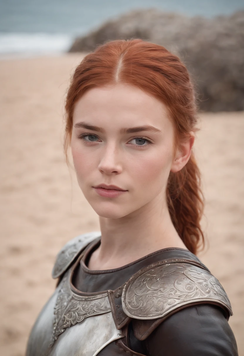 norwegian girl 14 years old ,Red-haired ponytail, dusty face, wearing leather armor, against the background of a sandy beach, sword in hands, Wind, photorealism, sharp focus, Realistic facial skin, oppressive atmosphere,View,erotic face、medieval female knight、Beautiful 14 year old girl、