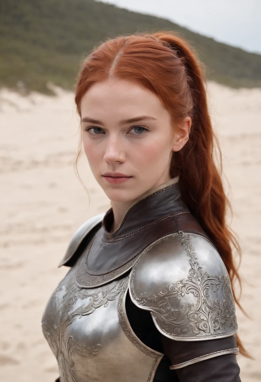 norwegian girl 14 years old ,Red-haired ponytail, dusty face, wearing leather armor, against the background of a sandy beach, sword in hands, Wind, photorealism, sharp focus, Realistic facial skin, oppressive atmosphere,View,erotic face、medieval female knight、Beautiful 14 year old girl、