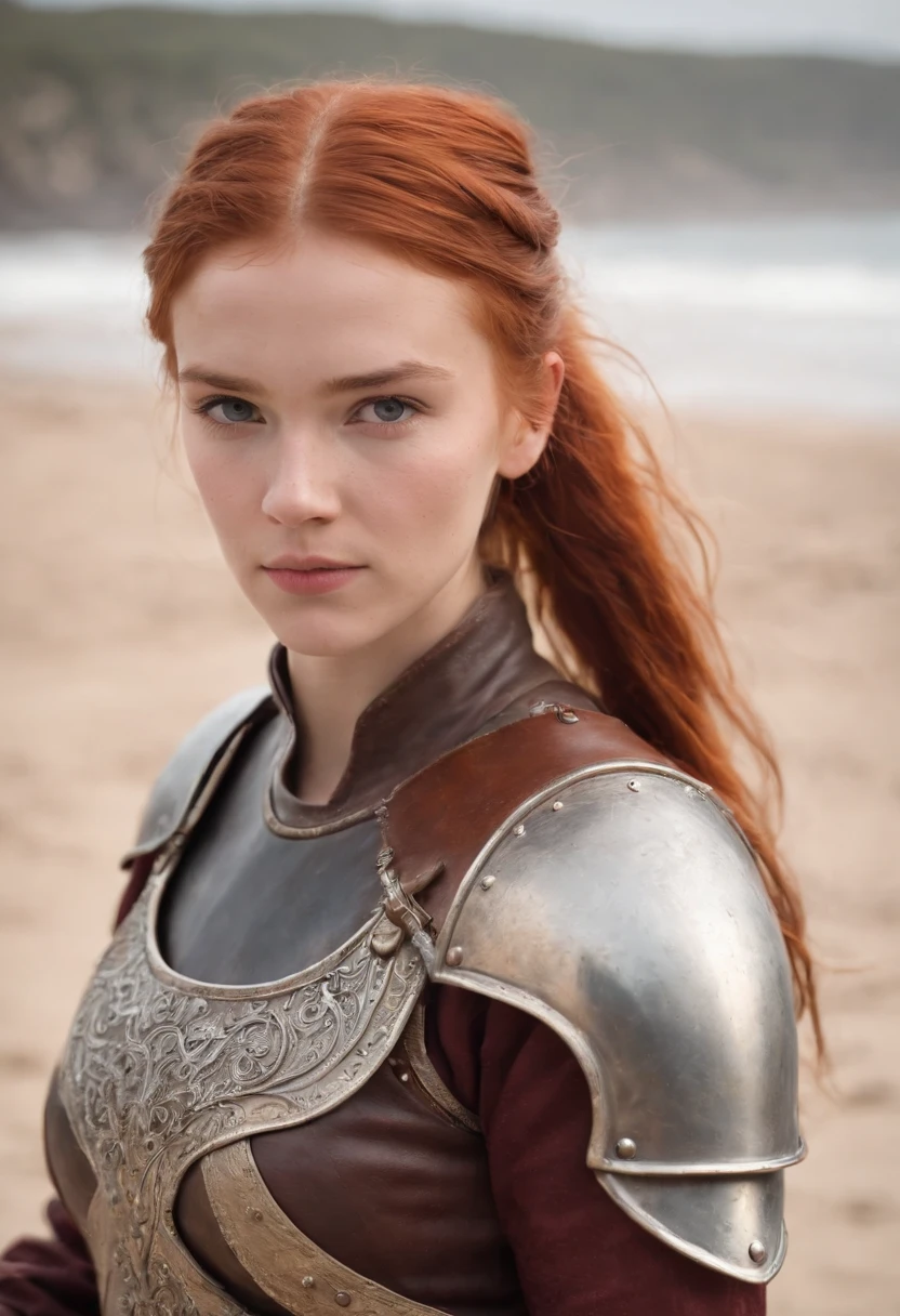 norwegian girl 14 years old ,Red-haired ponytail, dusty face, wearing leather armor, against the background of a sandy beach, sword in hands, Wind, photorealism, sharp focus, Realistic facial skin, oppressive atmosphere,View,erotic face、medieval female knight、Beautiful 14 year old girl、