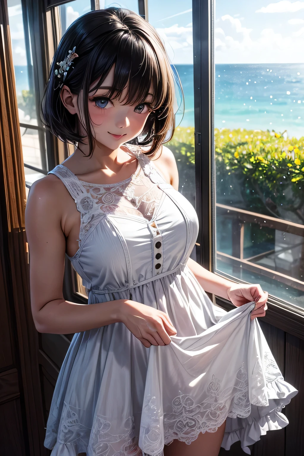 very cute and beautiful girl standing near the window,(Ruffled floral yellow summer dress with fine lace),No sleeve,skirt lift,white panties, (very detailed美しい顔と目:1.2),Antique hotel bedroom with outside view,distant tree々and the sea, cowboy shot,(smile),blush,medium hair,black hair,dynamic angle,(highest quality,masterpiece:1.2),(intricate details), very detailed,High resolution,alone,Natural light,particles of light,beautiful and detailed sky,