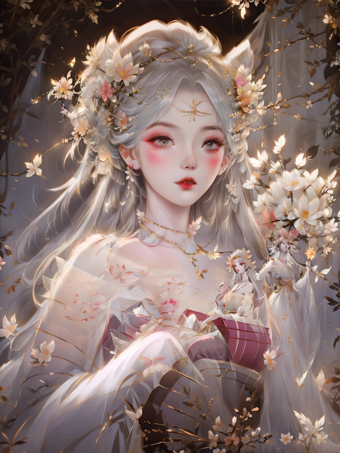 Anime girl with flowers and fan in her hair, beautiful fantasy queen, ((beautiful fantasy queen)), Inspired by Lan Ying, japanese goddess, palace ， A girl wearing Hanfu, guweiz style artwork, guweiz, Inspired by Qiu Ying, Queen of China, Hungry Ghost Festival, beautiful figure painting