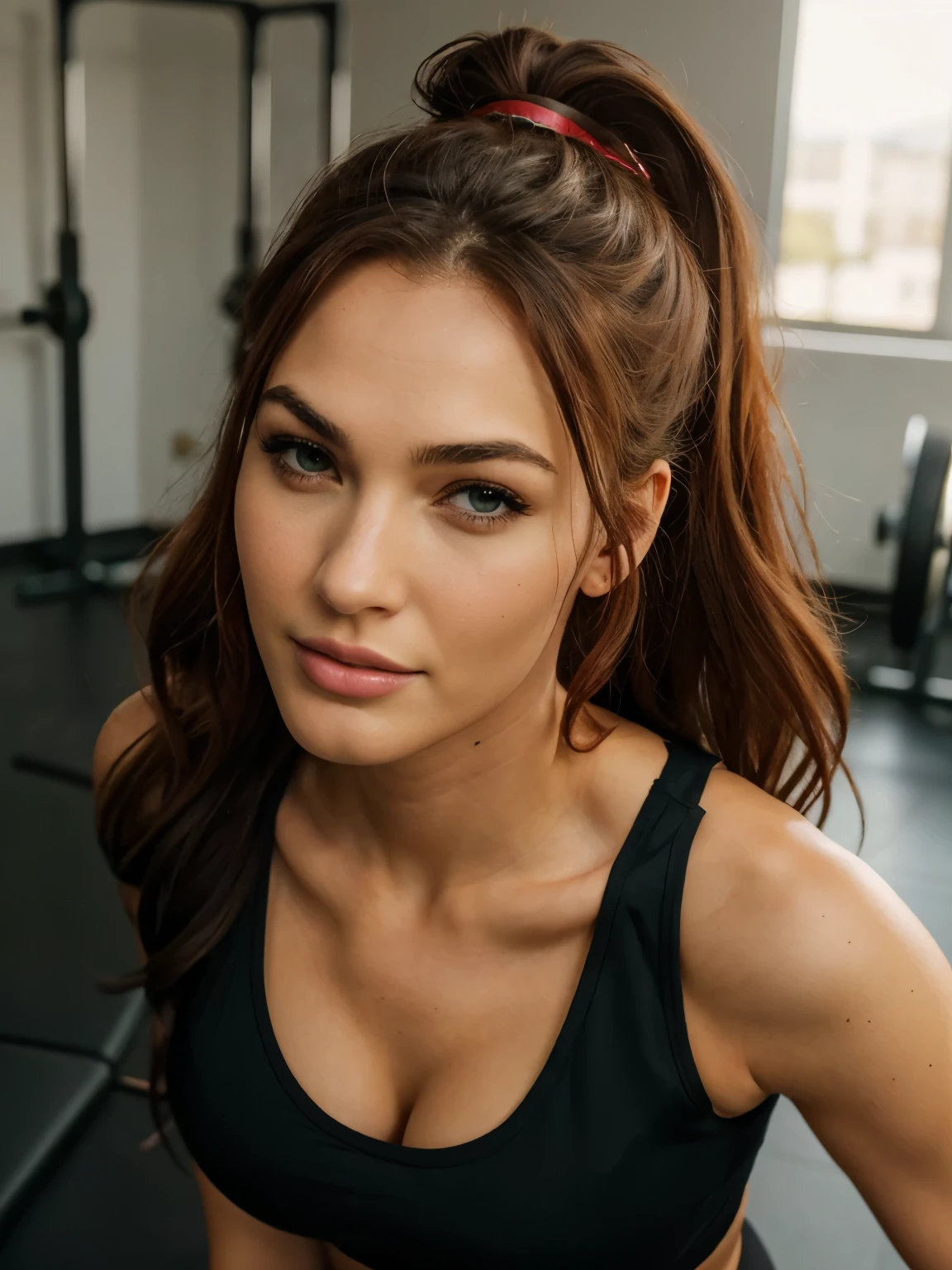 high resolution, masterpiece, best quality, intricate high detail, highly detailed, sharp focus, detailed skin, realistic skin texture, real skin texture, realistic texture, professional, reallife, ultra-realistic, photorealism, photography, realistic photography,
1 girl, coloured red hair (ponytail), Mix out of 5% Megan Fox and 15% Gal Gadot and 20% Blake Lively, 172cm height, 68kg weight, intense green eyes, long dark black lashes, perfectly shaped dark black eyebrows, dark caramel tanned skin, slim and well-defined body, curvy body, elegant thin nose, small ears, full lips, white teeth, small soft ladylike hands, painted fingernails,
wearing top and leggings,
indoor st the gym,
spot light from above,
happy mood,
full body photography