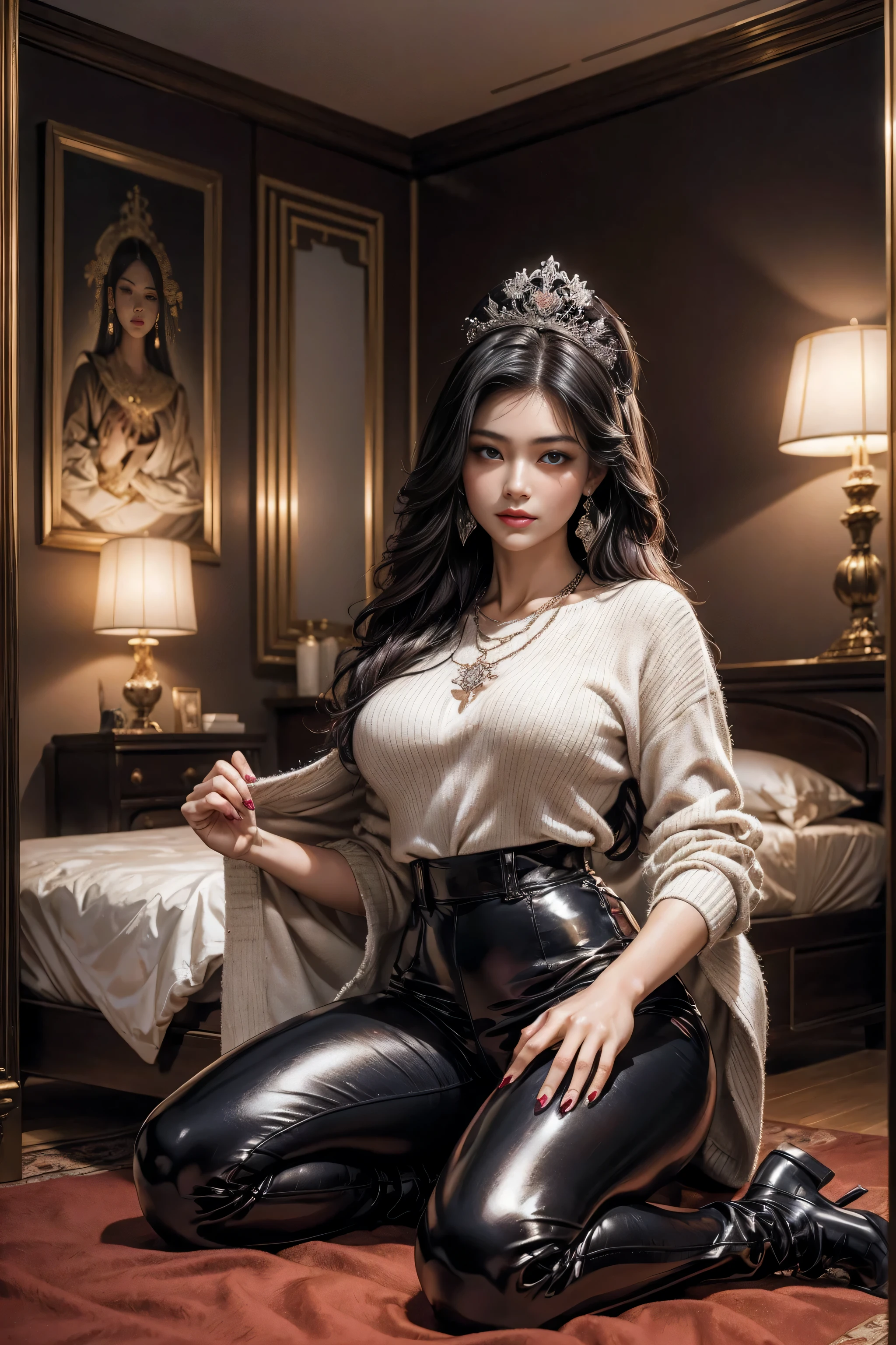 A very sexy and beautiful asian girl,A very mature and beautiful girl,Sexy mature royal sister,Royal sister temperament,Supermodel temperament,asian aristocrat气质,alone,In the palace,European antique style bedroom decoration,patent leather trousers,white highnecksweater,streetwear,asian aristocrat,patent leather high heel boots,earrings,necklace,(Extremely exquisite and beautiful work:1.1)a very sexy and beautiful woman,Have perfect body proportions,Tight body lines,S-shaped body,Sexy and perfect body curves(full),moist skin feeling,clear skin texture(Advanced skin details:1.1)supermodel perfect face,sexy red lips,charming smile,Exquisite facial features,Long dark purple hair,Dark purple clear and delicate hair texture(Premium hair details:1.1),red pupils,Clear and refined eye details,Beautiful and sophisticated eye makeup,(Advanced eye detail:1.1)The optimal ratio of four fingers to one thumb.Beautiful and exquisite manicure,Feet with perfectly proportioned thighs and calves,,Royal sister style,Royal Sister Series,asian royal girl,asian aristocrat,patent leather trousers,Black series,White sweater series,Patent leather series,Long dark purple hair系列,Real top photography,perfect work of art,Super real的复杂细节,best work,best picture quality,Super fine,very high resolution,Full body photography of one person,Super real,Cover photo,professional lighting ,Professional dimming,Perfect Goddess,Exquisite details、Complex works,Very sexy and mature photography,Photography of a beautiful woman
