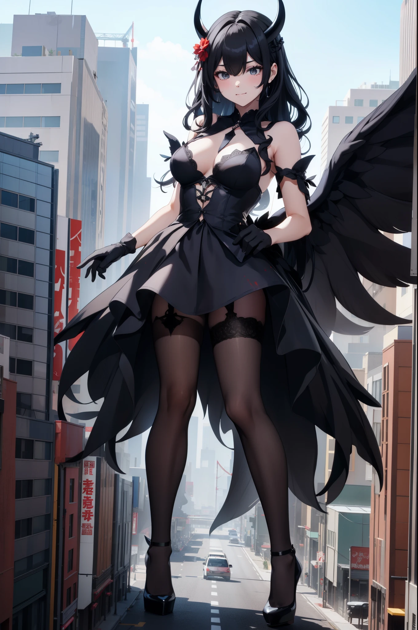 Aerial View，giant girl 50,000 feet high，Weight 1000kg，Have a pair of long legs，Has a pair of huge black angel wings，With huge devil horns on his head，Has waist-length black hair，loose hair，Big black wavy curls，Wearing a pair of black Mary Jane high heels，Black lace gloves，Black lace pantyhose，黑色蕾丝whole body，Standing upright on a small city，Beautiful appearance，Exquisite makeup，quality，8k，高quality，Perfect proportion, Cinema lighting，film grain，Fuji colors，8k，textured skin，Super details，high detail，high resolution，fake smile，blood stains，脚底有blood stains，whole body，Obese，feather