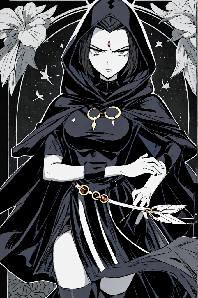 Manga style, Raven looking at viewer, black hair, black background, belt, hood and cape, influenced by Japanese art movement, serious mood, centered composition, high-quality,  ink, outline, comics lineart, black and white Manga, in the style of a tarot card