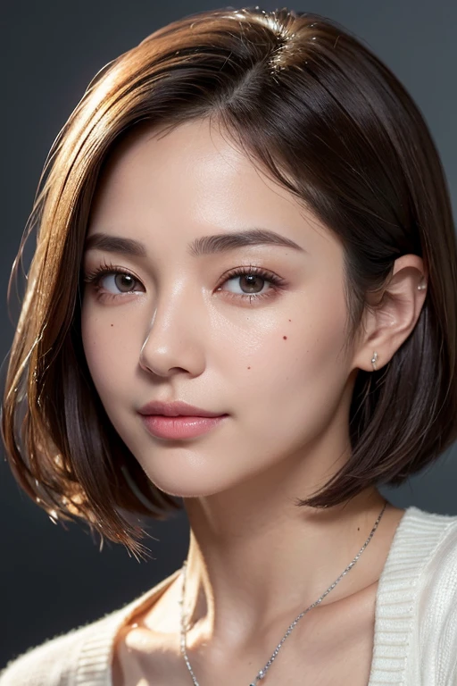 (8K, highest quality, masterpiece:1.3, Super high resolution, surreal), high detail, (lifelike face), Photoreal, Raw photo, ((一人のbeautiful女性)), detailed face, beautiful目, realistic eyes, Eyes in beautiful Details, (skin that looks real), beautiful skins, attractive, Depth of bounds written, High resolution, High pixel count, ((Sideways face, look away, Don't look into the viewer's eyes, Don't look at the camera)), stylish cafe, The background is also visible in the photo, clear details, clear pictures, natural color reproduction, noise reduction, high fidelity, Small pendant in silver color, A small necklace in silver color, (Light knit U-neck shirt in wine color, Neat and clean clothes, Clothing that makes it difficult to see the chest, Clothing that does not emphasize breasts),　D cup, sexy lips, I can see your ears, laughter, smile gently, beautiful skins, attractive, golden ratio, (detail makeup:1.2), professional lighting, Illuminate your face, best light, Japanese, japanese woman, short bob hair, ((45 years old, beautiful, facial wrinkles, wrinkles around the eyes, Small wrinkles, beautiful, beautiful Aunt, Medium mole, Small moles on the face, Nasolabial fold wrinkles)), whole body, Squatting,  