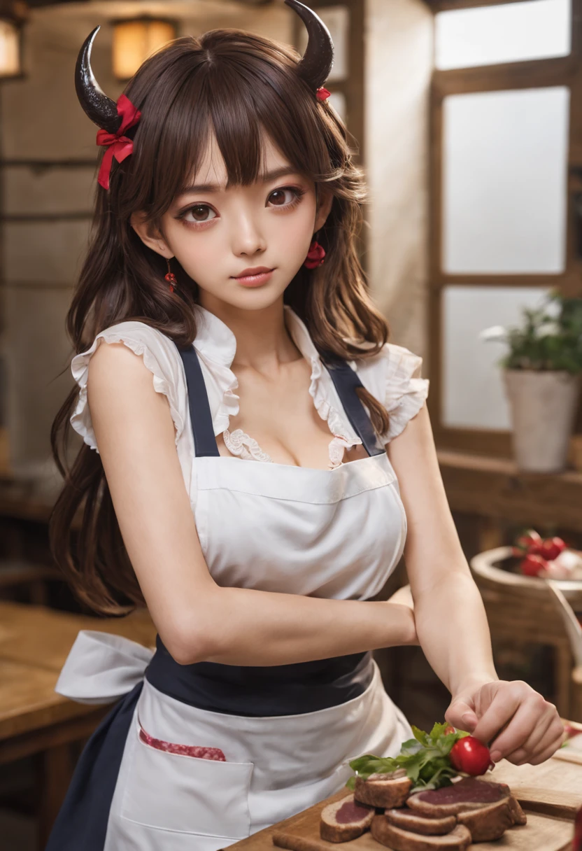 female２people:The same face:抱きあってこちらを見ているfemale性２people:まったく別の服を着た2people:One is wearing an apron、The other one is wearing succubus clothes.,美people,small breasts,long hair:shiny,同一people物の二面性を表しています,masterpiece,Draw in detail,Be polite,