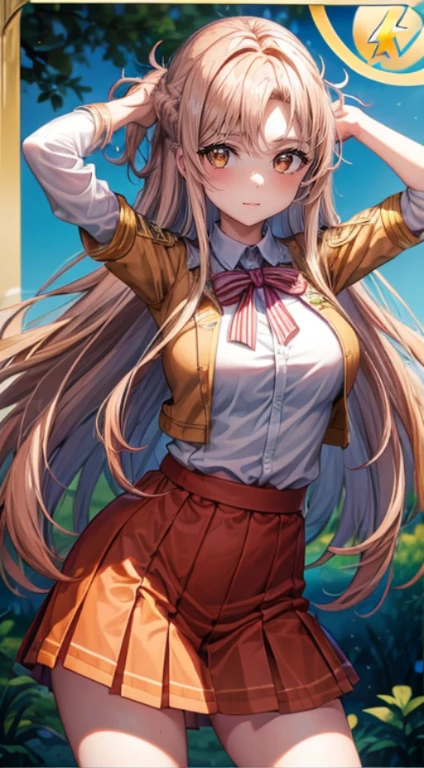 (melhor qualidade,8ＫImagem,high resolution:1.2),intrinsecamente detalhado,[Imagens 3D:1.35]、[[Em anime de alta qualidade、Asuna fofa com cabelos castanhos e olhos castanhos:1.15]],ultra-detalhado, cabelo longo e liso, garota kawaii, olhos afiados,  [[Chute alto:1.15]]， em batalha、 retrato realista,  Trabalhar com o plano de fundo, High school students, Vestindo uniformes escolares brancos e vermelhos
