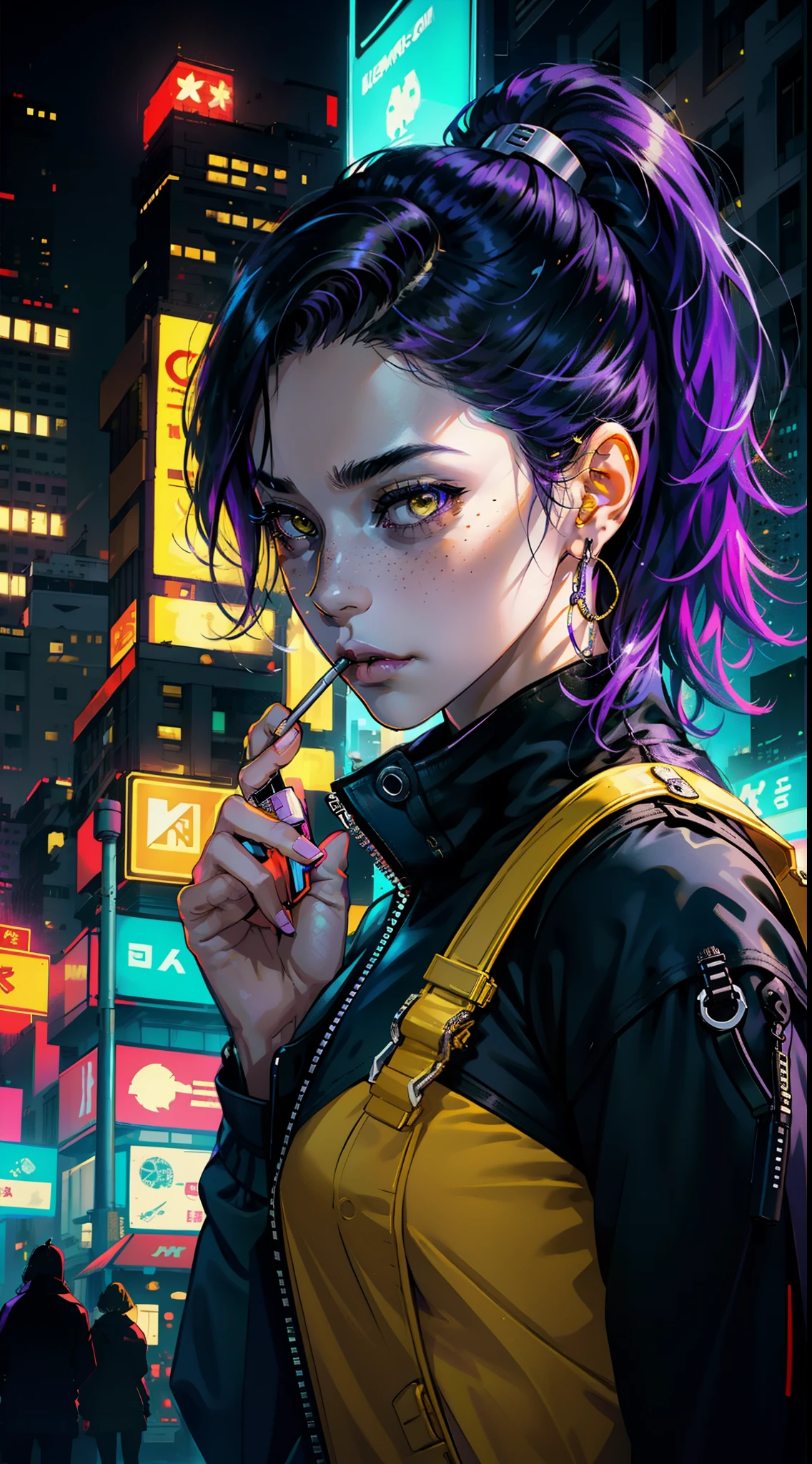 1girl,solo,colorful,yellow eyes,cyberpunk,city,peace sign,earrings,purple hair,eye patche,freckles,prothesis,mechanic,neon,beautiful lighting,purple reflection,cap,smoking,character focus,cg illustration,bust shot,yellow and black outfit,black hair,
