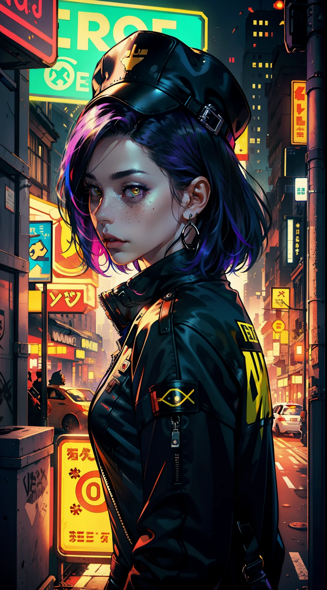 (photorealistic:1.38),masterpiece, best quality, (intricate details:1.2), (scenery:1.3), solo, face focus, (close up:0.8), ultra high res, right anatomy, detailed skin, beautiful face,
1 girl, girl in patterned jacket, detailed anime eyes, (look at veiwer:1.2), (face tattoo:1.3), (tattoo:1.2), (black angel wings), angel halo,
rainy cyberpunk street, cyberpunk,
(ink wash), chaos