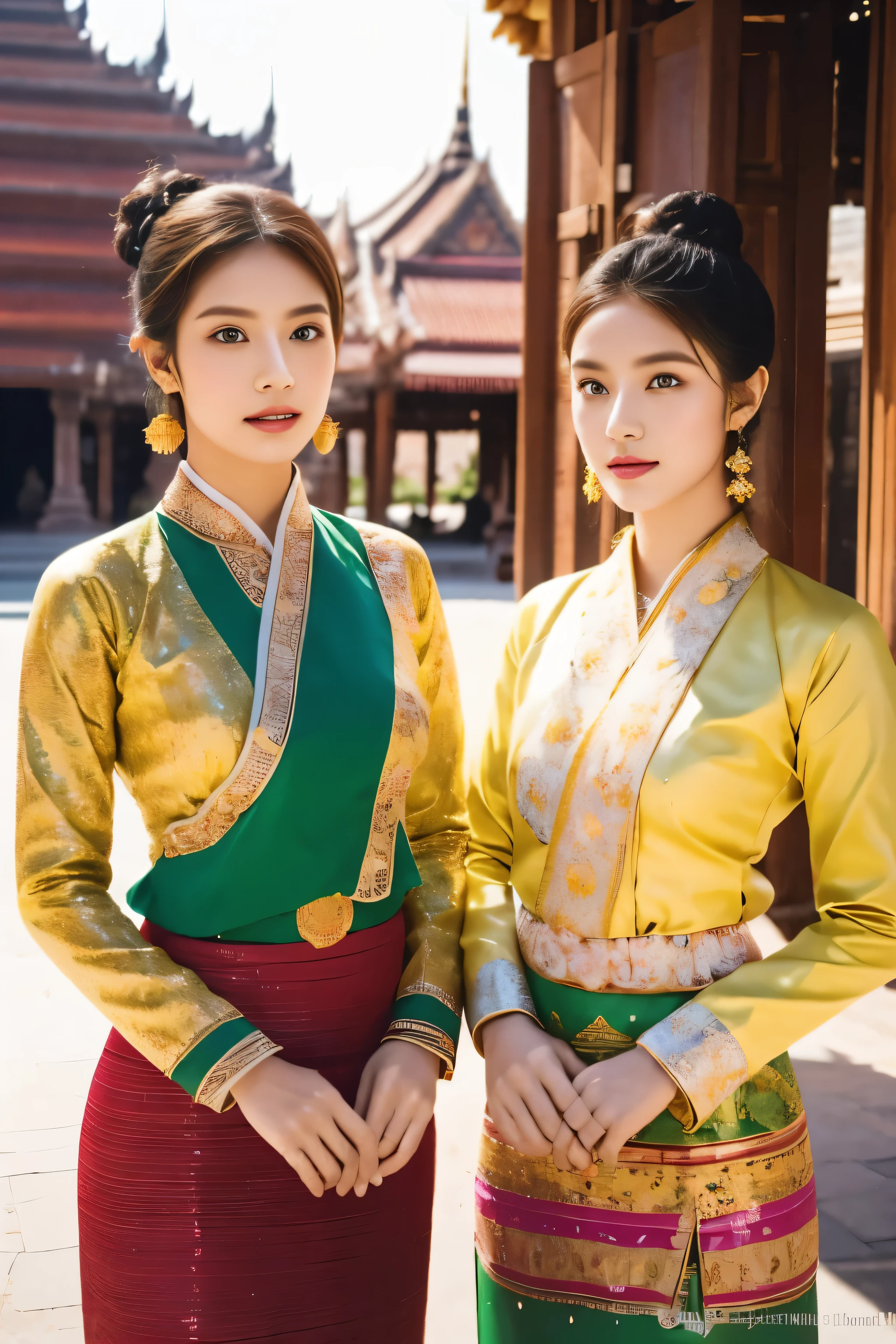 Two young girls, in their late teens or early twenties, stand gracefully amidst the ancient grandeur of Bagan's temples. Their skin is smooth and radiant, their features delicate and refined. They are dressed in the elaborate finery of traditional Keng Tong Tai Khun attire, each garment a tapestry of vibrant colors and intricate patterns.

The girls' outfits:

Main fabric: Rich silk in deep shades of red, gold, and emerald green, woven with shimmering threads that catch the sunlight.
Skirts: Long and flowing, adorned with delicate embroidery depicting mythical creatures and floral motifs.
Blouses: Tightly fitted, with high collars and long sleeves that taper at the wrists. The blouses are embellished with gold trim and sparkling sequins.
Accessories: A profusion of gold jewelry adorns the girls, from chunky bangles and necklaces to elaborate earrings that dangle like miniature chandeliers. Their hair is styled in messy buns adorned with fresh flowers and secured with ornate gold pins.
The scenery:

The girls stand in a clearing framed by the majestic ruins of Bagan's temples. The ancient structures, bathed in the warm glow of the setting sun, rise skyward like silent sentinels. Lush greenery peeks through the crumbling stonework, and the air is alive with the chirping of exotic birds.

Additional details:

Focus on capturing the girls' beauty and the intricate details of their traditional attire.
Use high-quality references for the Keng Tong Tai Khun clothing and Bagan temples to ensure accuracy.
Render the scene in a photorealistic style with soft lighting and a shallow depth of field to draw attention to the girls and their surroundings.