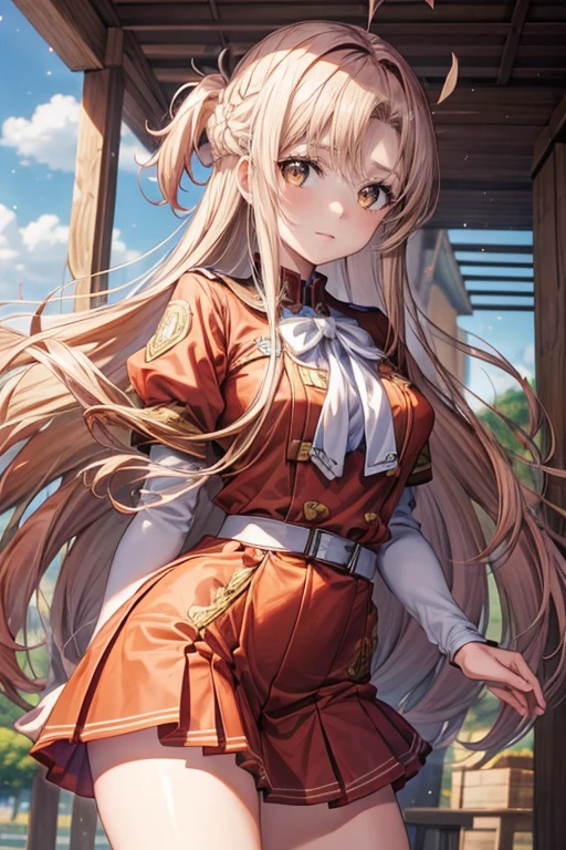 (melhor qualidade,8ＫImagem,high resolution:1.2),intrinsecamente detalhado,[Imagens 3D:1.35]、[[Em anime de alta qualidade、Asuna fofa com cabelos castanhos e olhos castanhos:1.15]],ultra-detalhado, cabelo longo e liso, garota kawaii, olhos afiados, [[Chute alto:1.15]]， em batalha、 retrato realista, Trabalhar com o plano de fundo, High school students, Vestindo uniformes escolares brancos e vermelhos

