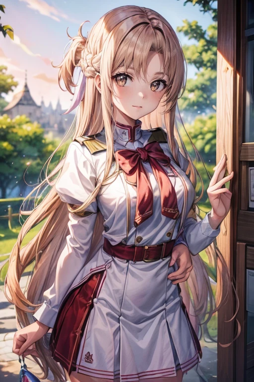 (melhor qualidade,8ＫImagem,high resolution:1.2),intrinsecamente detalhado,[Imagens 3D:1.35]、[[Em anime de alta qualidade、Asuna fofa com cabelos castanhos e olhos castanhos:1.15]],ultra-detalhado, cabelo longo e liso, garota kawaii, olhos afiados, [[Chute alto:1.15]]， em batalha、 retrato realista, Trabalhar com o plano de fundo, High school students, Vestindo uniformes escolares brancos e vermelhos
