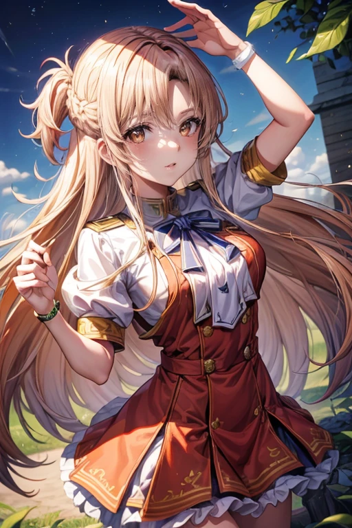 (melhor qualidade,8ＫImagem,high resolution:1.2),intrinsecamente detalhado,[Imagens 3D:1.35]、[[Em anime de alta qualidade、Asuna fofa com cabelos castanhos e olhos castanhos:1.15]],ultra-detalhado, cabelo longo e liso, garota kawaii, olhos afiados, [[Chute alto:1.15]]， em batalha、 retrato realista, Trabalhar com o plano de fundo, High school students, Vestindo uniformes escolares brancos e vermelhos
