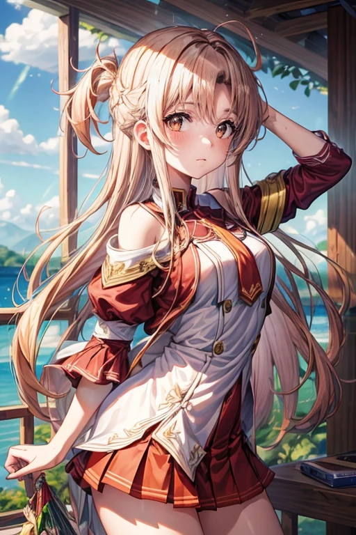 (melhor qualidade,8ＫImagem,high resolution:1.2),intrinsecamente detalhado,[Imagens 3D:1.35]、[[Em anime de alta qualidade、Asuna fofa com cabelos castanhos e olhos castanhos:1.15]],ultra-detalhado, cabelo longo e liso, garota kawaii, olhos afiados, [[Chute alto:1.15]]， em batalha、 retrato realista, Trabalhar com o plano de fundo, High school students, Vestindo uniformes escolares brancos e vermelhos
