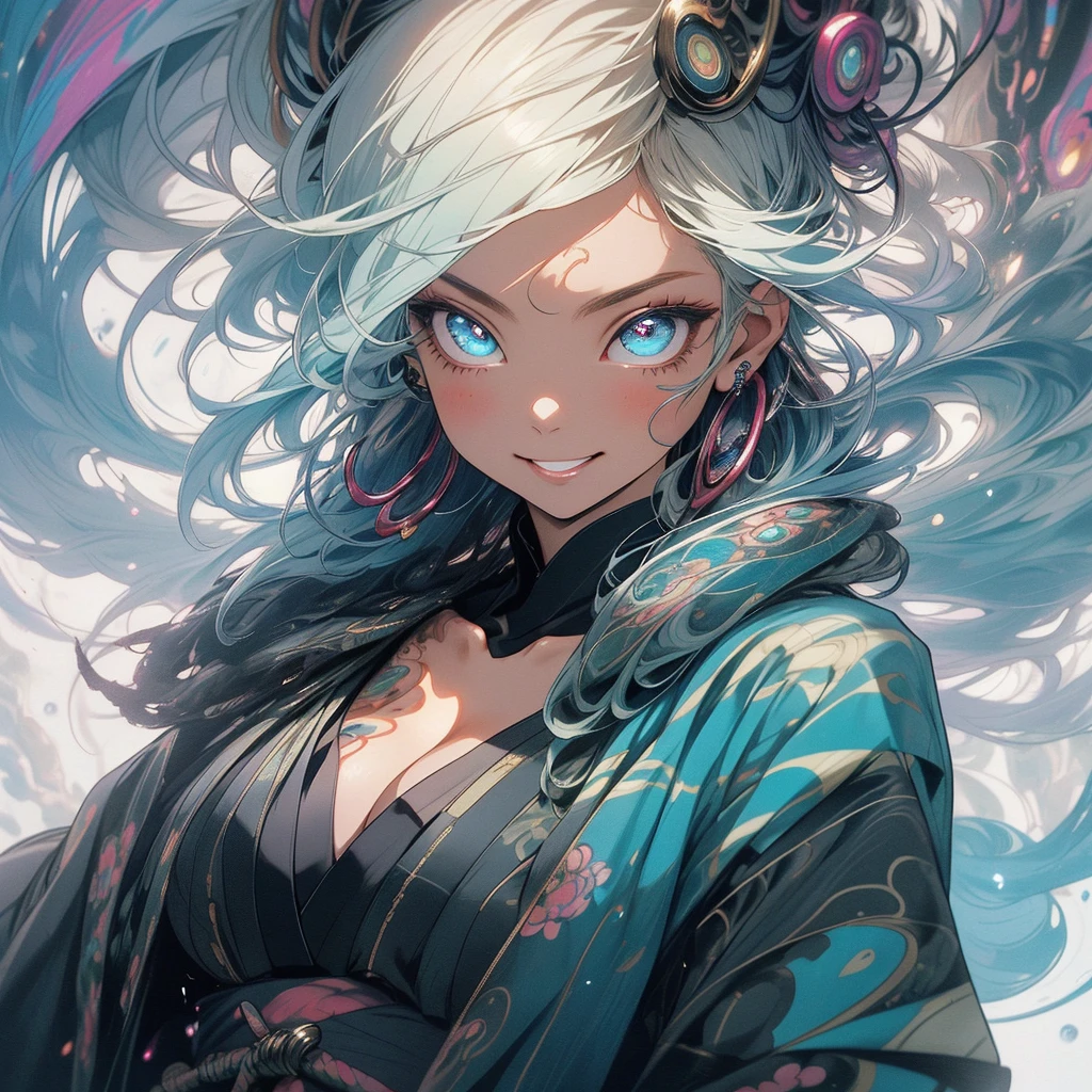 (((highest quality))),(((detailed eyes))),(((32k))),(1 girl),flashyな色の髪,(tattoo),cyber punk,kimono,((Luxurious and gorgeous)),Shiny skin,earrings,flashy,((Super beautiful woman)),(perfect face),Japanese sword,ultimate texture,official art,Ukiyo-e,((stylish)),photograph,perfect body,smile,Bewitching,Highest image quality,Super clear,real,fantasy,(Near the future),ninja,((perfect eyes)),big breasts,((cleavage)),highlight,挑発的なsmile,stick out tongue,split tongue,mechanical,mandala,Pouring rain,Majestic,apotheosis,