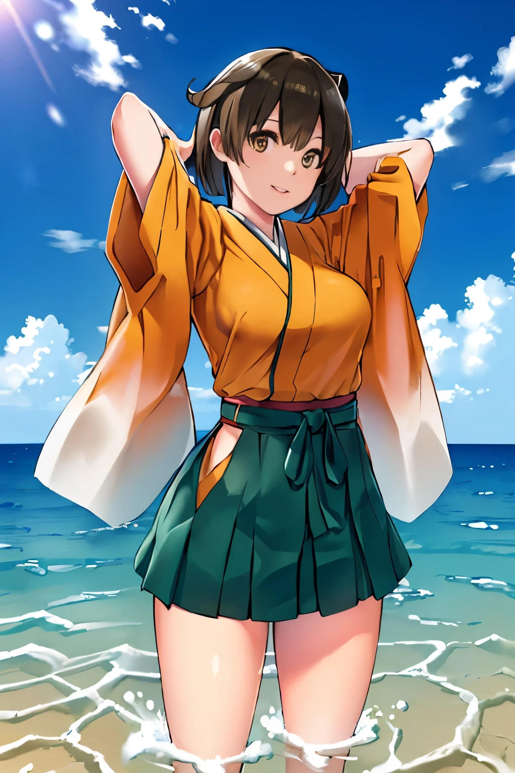 (masterpiece), (best quality), (ultra-detailed), photorealistic, (best illustration), (an extremely delicate and beautiful),1girl, hiryuukc, orange kimono, one side up, brown eyes, brown hair, green hakama, hakama short skirt, [outstretched arms::0.35], smile, cowboy shot, detailed scenery, ocean, horizon, blue sky, cloudy sky, facing viewer, wading, [:(peace sign):0.35], [:(hand in own hair):0.35]Very Fine Eyes Very Fine Face、Insanely detailed body、Extremely fine skin, very elaborate hair ornament, Precisely shaped body and hands