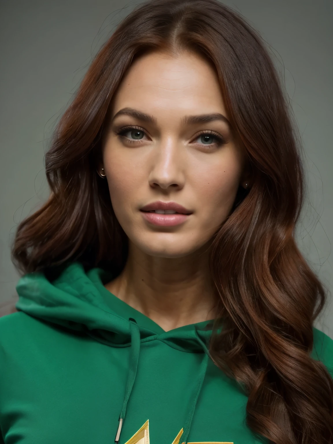 1 girl next door with coloured long red hair, Mix out of 10% Megan Fox and 15% Gal Gadot and 20% Blake Lively, 172cm height, 68kg weight, soft curly intense long red hair, clear green eyes, long dark black lashes, perfectly shaped dark black eyebrows, dark caramel tanned skin, slim and well-defined body, curvy body, elegant thin nose, small ears, full lips, white teeth, small soft ladylike hands, painted fingernails, wearing a long black hoody and long black jeans, high resolution, masterpiece, best quality, intricate high detail, highly detailed, sharp focus, detailed skin, realistic skin texture, real skin texture, realistic texture, professional, real life, ultra-realistic, photorealism, photography, realistic photography, UHD, photo RAW, at the beachparty, full body photography, colorful photo