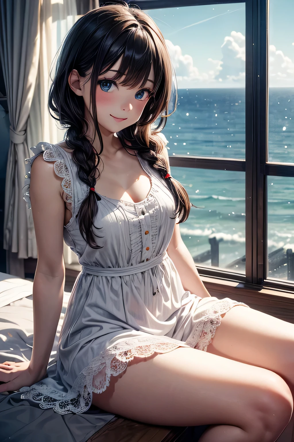 very cute and beautiful girl sitting near the window,Ruffled white sundress with fine lace,spread your legs,white panties,
(very detailed美しい顔と目:1.2),Antique hotel bedroom with outside view,distant tree々and the sea,
cowboy shot,(smile),blush,medium hair,black hair,twin blade,dynamic angle,(highest quality,masterpiece:1.2),(intricate details),
very detailed,High resolution,alone,Natural light,particles of light,beautiful and detailed sky,