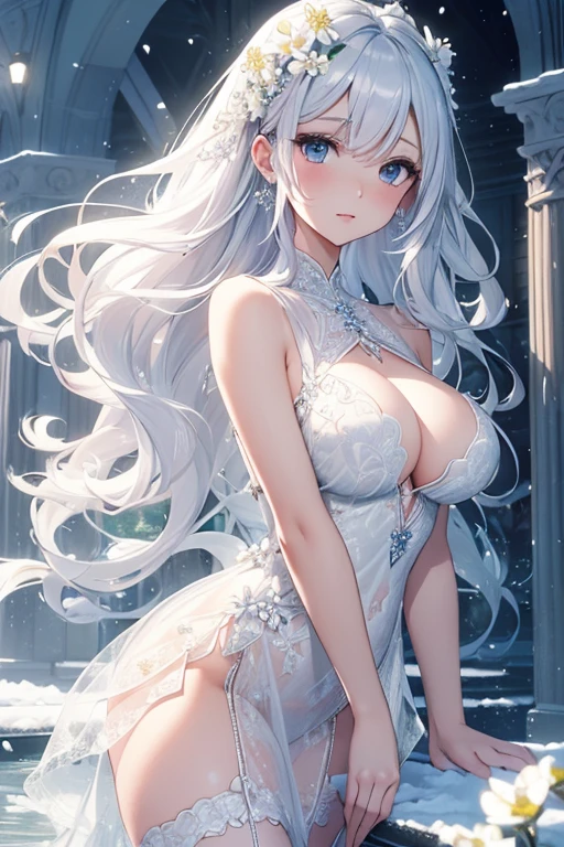 Paradise in Heaven, White lighting,(muste piece), (best quality), (cinematic), 8K, (art station),(長いwhite hairとSilvery eyesを持つ1人の女), (beautiful delicate face)、[Frozen trees々], [landscape crystal], [lighting], [Ethereal Atmosphere:1.1], [fantasy, short story] ,[soft なlighting] 、(+cinematic shot:1.2)、 [+art station] 、[+luminous white background] 、 [soft glow] 、(Creative and dynamic angles:1.3), [+Crystal Toning] 、muste piece, very detailed, Super detailed, solo, (pale skin), Silvery eyes, white hair, (snow background), (snowflake rosen flower:1.0), (shining crystal), (Snowy ground), (White lashes), sexy woman、dreamy and detailed, Gorgeous setting, 妖しい雰囲気 muste piece, The most beautiful scenes, majestic、(((full of white flowers)))、quiet and serene atmosphere、attractive, all white tones,Inside the crystal library,Transparent flowers and falling snow，Many white roses are planted,(water flowing,waterfall,water bloom),The decoration is also carefully done.,dream（very detailedです，creative design，crisp and precise lines，K HD，best quality，master piece，超High resolution，In 4K）、Diverse poses、((beautiful white flower hair ornament))、beautiful hairstyle、(best quality, In 4K, 8K, High resolution, muste piece:1.2), Super detailed, detailed expression, graceful posture, expressive brush strokes, mysterious atmosphere, artistic interpretation,Delicate floral jewelry， (((Detailed design、beautiful transparent dress、Sheer sexy dresses)))、(SFW:1.5), (oversized breasts, best body proportions, proportions of large breasts,:1.5),(white decoration on thigh)、((Beautiful accessories that wrap around your legs))。((A beautiful accessory that wraps around your wrist))