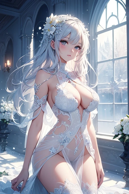 Paradise in Heaven, White lighting,(muste piece), (best quality), (cinematic), 8K, (art station),(長いwhite hairとSilvery eyesを持つ1人の女), (beautiful delicate face)、[Frozen trees々], [landscape crystal], [lighting], [Ethereal Atmosphere:1.1], [fantasy, short story] ,[soft なlighting] 、(+cinematic shot:1.2)、 [+art station] 、[+luminous white background] 、 [soft glow] 、(Creative and dynamic angles:1.3), [+Crystal Toning] 、muste piece, very detailed, Super detailed, solo, (pale skin), Silvery eyes, white hair, (snow background), (snowflake rosen flower:1.0), (shining crystal), (Snowy ground), (White lashes), y woman、dreamy and detailed, Gorgeous setting, 妖しい雰囲気 muste piece, The most beautiful scenes, majestic、(((full of white flowers)))、quiet and serene atmosphere、attractive, all white tones,Inside the crystal library,Transparent flowers and falling snow，Many white roses are planted,(water flowing,waterfall,water bloom),The decoration is also carefully done.,dream（very detailedです，creative design，crisp and precise lines，K HD，best quality，master piece，超High resolution，In 4K）、Diverse poses、((beautiful white flower hair ornament))、beautiful hairstyle、(best quality, In 4K, 8K, High resolution, muste piece:1.2), Super detailed, detailed expression, graceful posture, expressive brush strokes, mysterious atmosphere, artistic interpretation,Delicate floral jewelry， (((Detailed design、beautiful transparent dress、Sheer sexresses)))、(SFW:1.5), (oversized breast body proportions, proportions of large breasts,:1.5) decoration on thigh)、((Beautiful accessories that wrap around your legs))。((A beautiful accessory that wraps around your wrist))