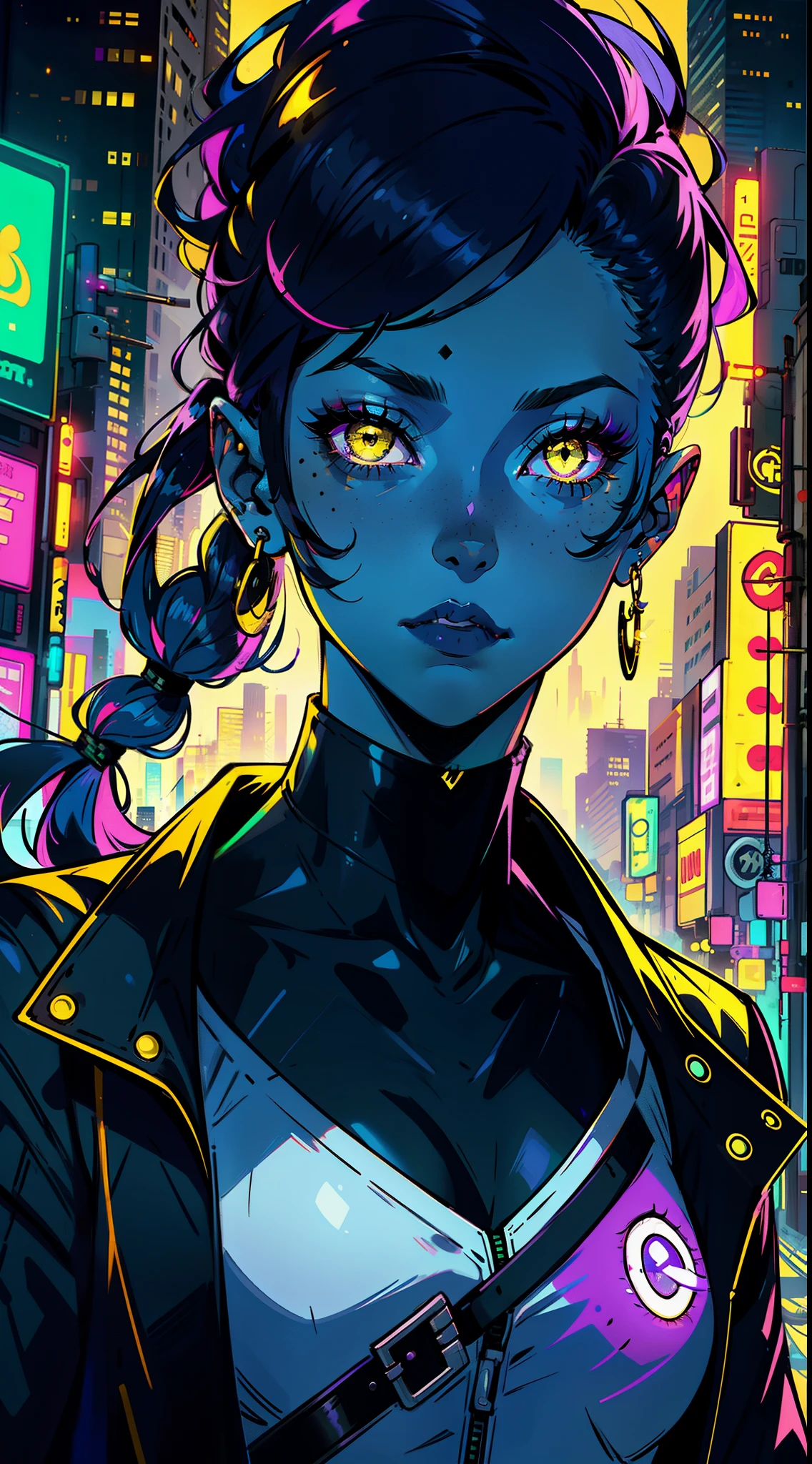 1girl,solo,colorful,yellow eyes,cyberpunk,city,peace sign,earrings,purple hair,eye patche,freckles,prothesis,mechanic,neon,beautiful lighting,purple reflection,cap,smoking,character focus,cg illustration,bust shot,yellow and black outfit,black hair,