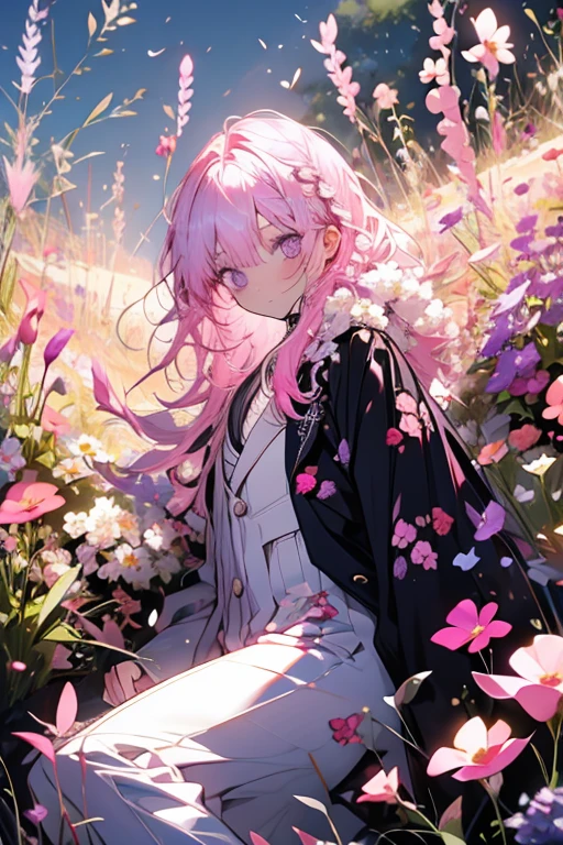 A pink haired man with violet eyes is laying in a field of flowers in a suit. 