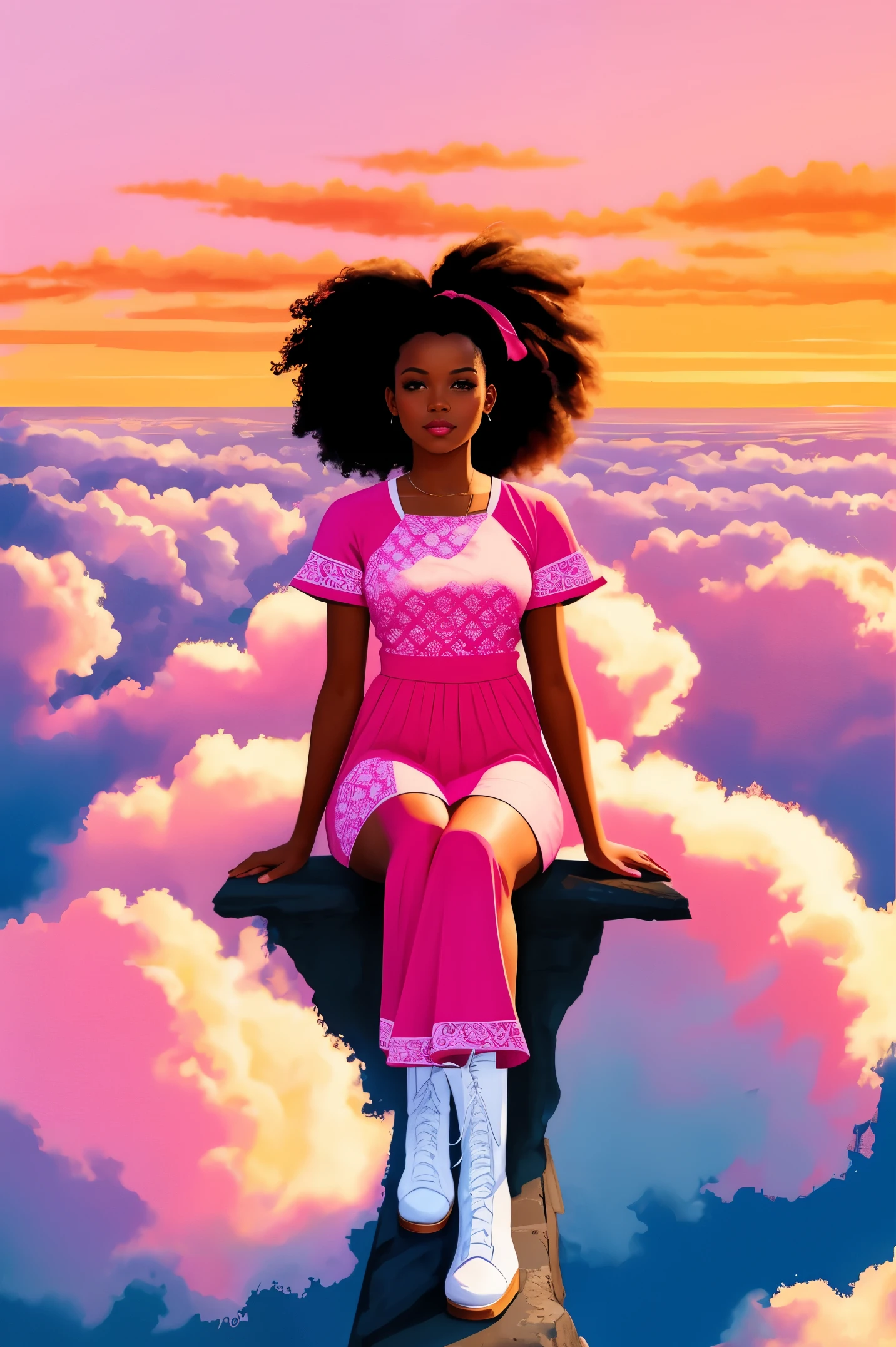 An illustration of african american woman with natural hair, in the style of ross tran, a pink dress with a cute cloud print and cute pink boots, a gorgeous woman with extremely long hair in a ponytail with bangs, sitting on a soft pink cloud in the sky, looking down at a distant magical city far beneath her, at sunset --ar 2:3 --v 6.0 pink and orange, bold block prints, michael malm, bold yet graceful, bold traditional