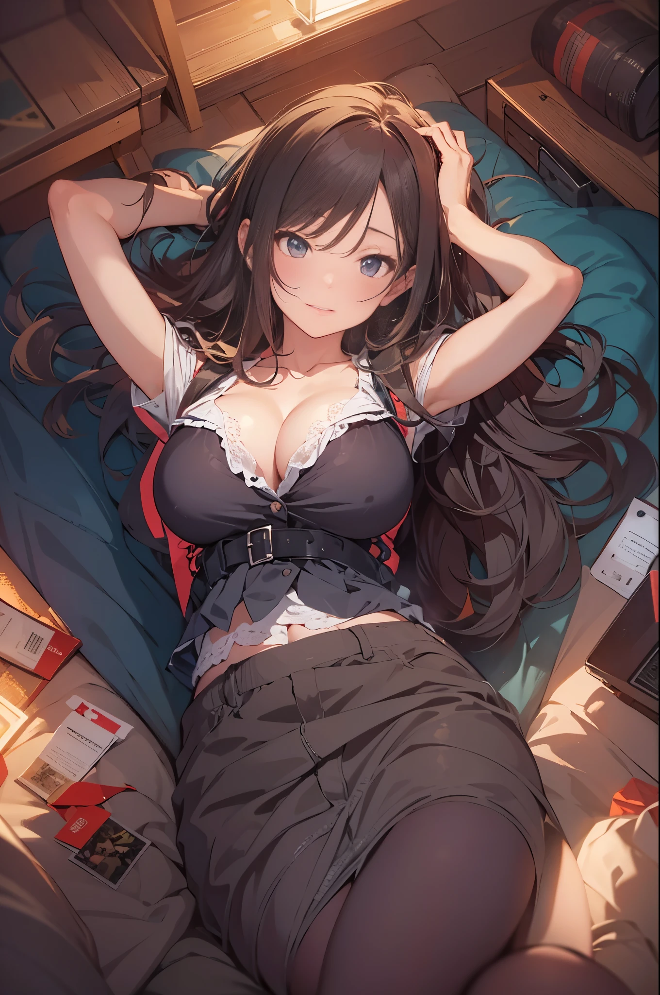 8K,Sophisticated,A beautiful woman is lying on her back on the bed, Condoms are scattered,?????? body, Mature、Cute type, anime, cute clothes, midnight, ???????????, ,countryside,long hair,big ???,countryside