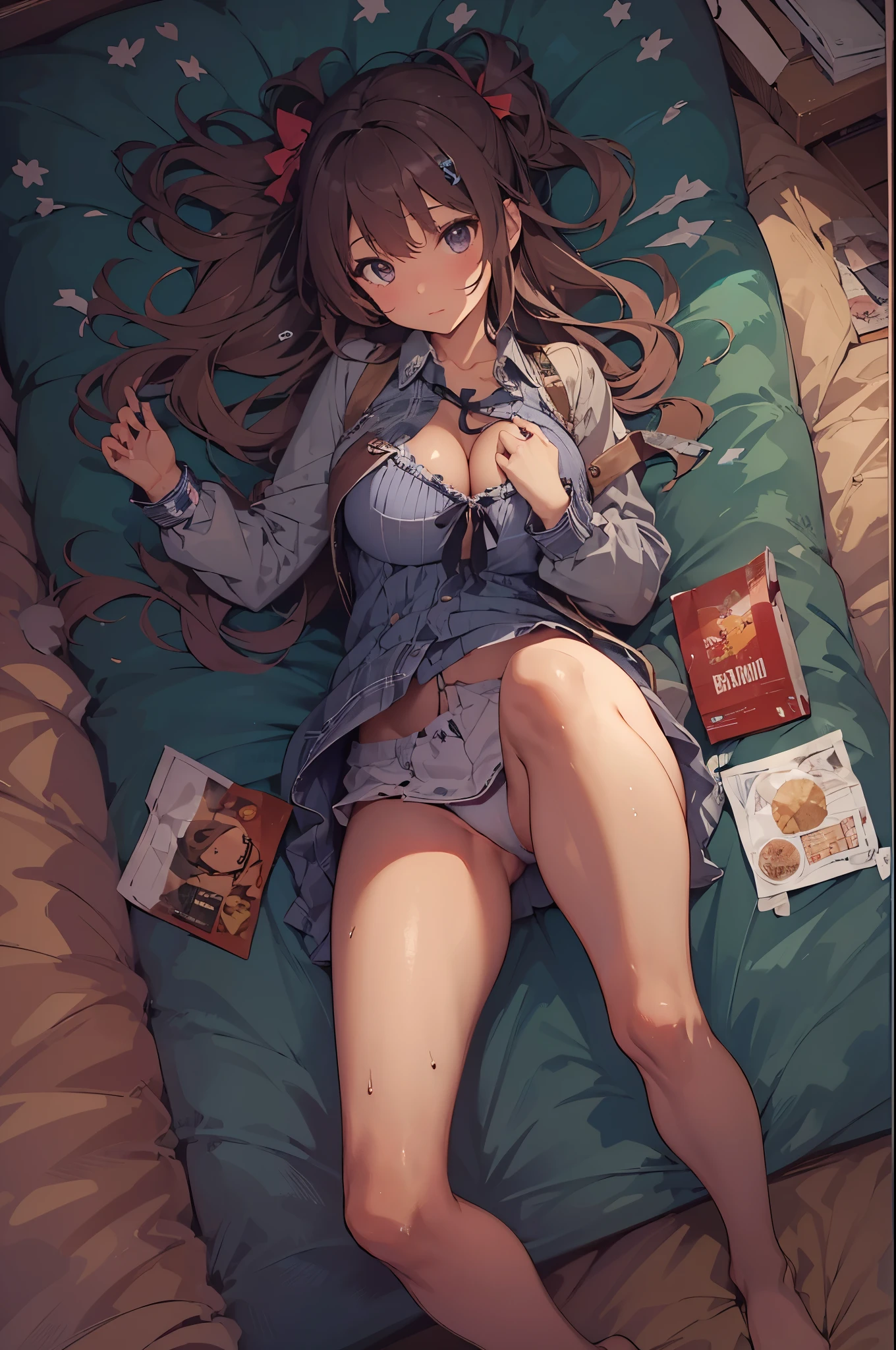 8K,Sophisticated,A beautiful woman is lying on her back on the bed, Condoms are scattered,erotic body, Mature、Cute type, anime, cute clothes, midnight, big breasts, ,countryside,long hair,big ass,countryside