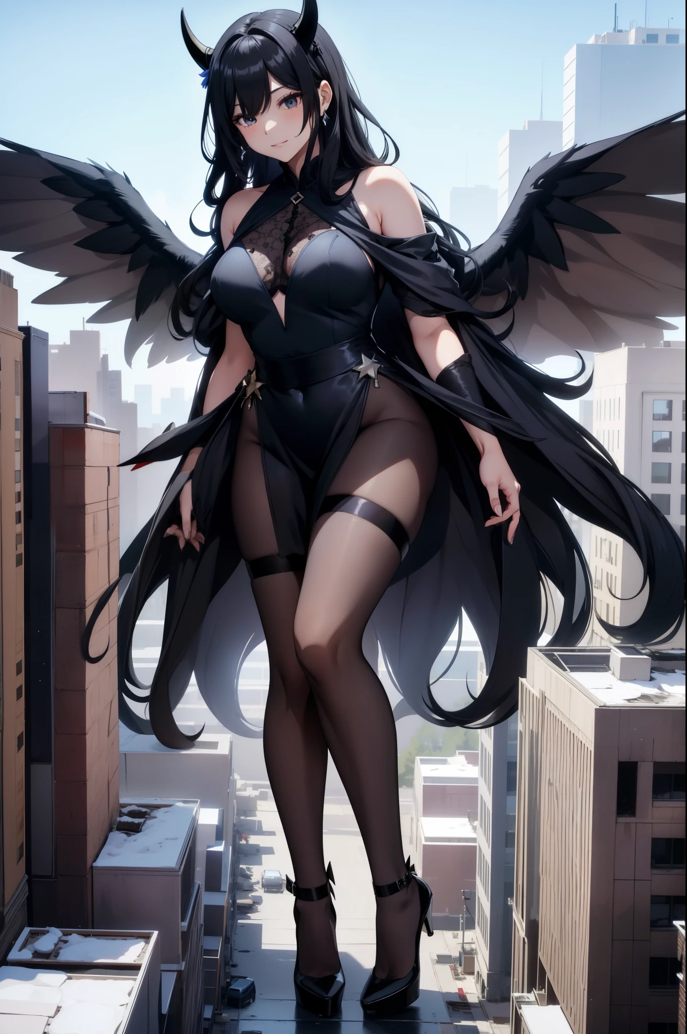 Aerial View,giant girl 50,000 feet high,Weight 1000kg,Have a pair of long legs,Has a pair of huge black angel wings,With huge devil horns on his head,Has waist-length black hair,loose hair,Big black wavy curls,Wearing a pair of black Mary Jane high heels,Black lace gloves,Black lace pantyhose,黑色蕾丝whole body,Standing upright on a small city,Beautiful appearance,Exquisite makeup,quality,8k,高quality,Perfect proportion, Cinema lighting,film grain,Fuji colors,8k,textured skin,Super details,high detail,high resolution,fake smile,blood stains,脚底有blood stains,whole body,Obese,feather