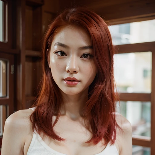beautiful detailed eyes, wind swept red hair, head and neck correct ratio, elegant posture, soft lighting, classical portrait, vibrant colours, dark green pattern dress, peaceful atmosphere, high resolution. Korean 23 year old woman, river background, same facial features, shot on kodak gold 400, arms slightly toned, looking back slightly at camera, eyes centred, slight smile, blue lipstick, hands hidden