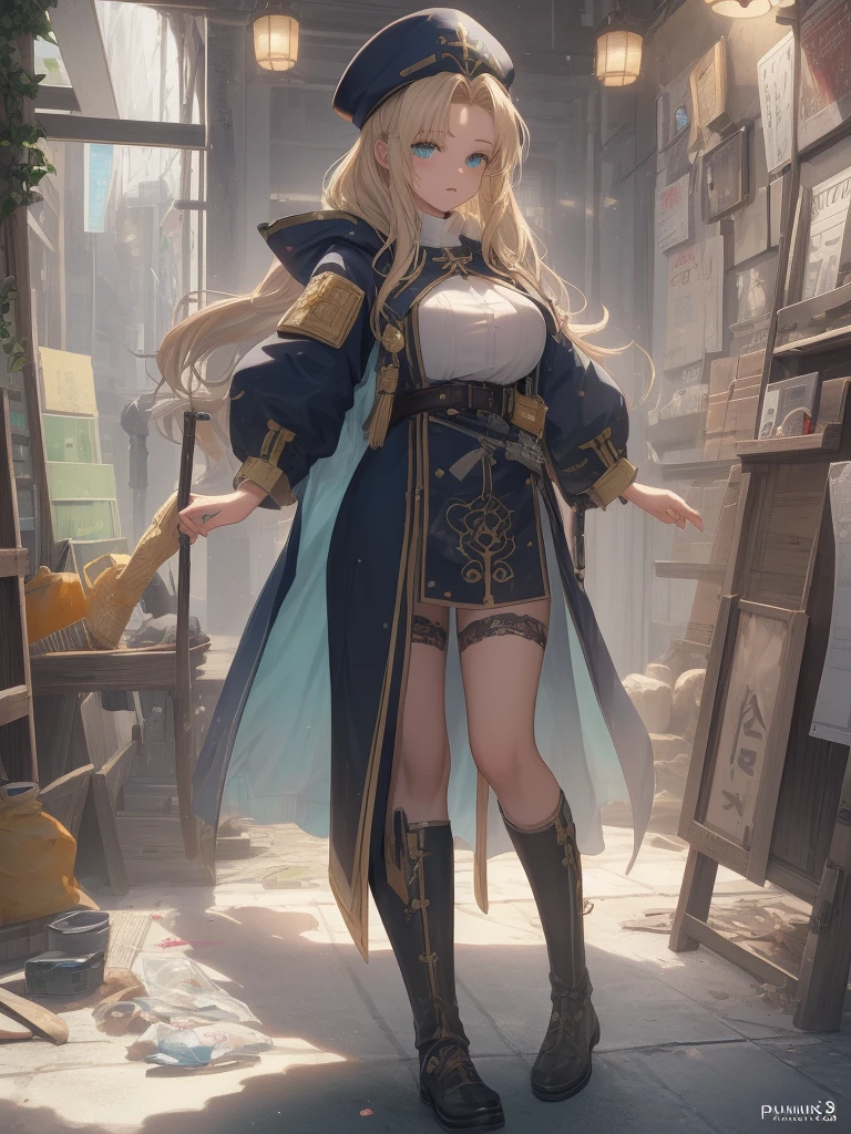 ((Mint Adnade from Tales of phantasia)), 1girl, solo, a priest, 18yo, blond long hair, ((straight hair)), deep blue eyes, Raising bangs, ((Forehead)), large tits, blue hat, ((blue long vestment)), have a oak cane, full body shot, she is spelling Healing magic,
masutepiece, Best Quality, (the Extremely Detailed CG Unity 8K Wallpapers), (Best Quality), (Best Illustrations), (Best Shadows),
(((Particle effect))), Isometric 3D, Octane Rendering, Ray tracing, super detailed,
