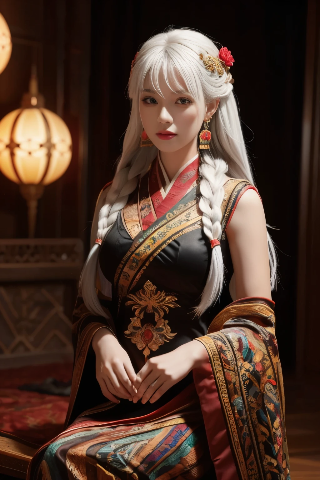 vibrant colors, female, masterpiece, sharp focus, best quality, depth of field, cinematic lighting, white hair, red eyes, braid, dress, long hair, red eyes, tattoo, earrings, jewelry, black dress, hair ornament, bangs, chinese clothes, breasts, china dress, sleeveless, 