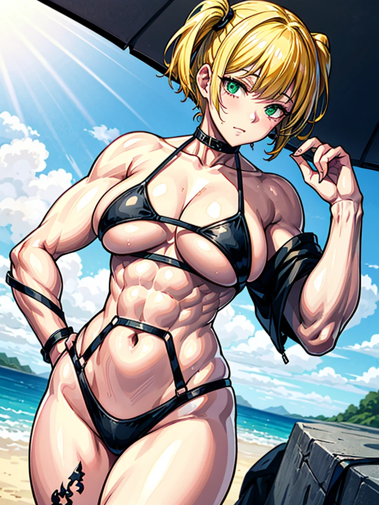 （（（masterpiece、Highest image quality、highest quality、highly detailed unity 8ｋwallpaper）））、（（Illustration of one girl））、（（（beautiful girl、cool）））、（（blonde、pixie cut：1.2、two side up、sidelocks、green eyes））、（（（tall、stocky build, thickset physique：1.3, muscular legs, broad shoulders, solid chest）））、swimsuit、sandy beach