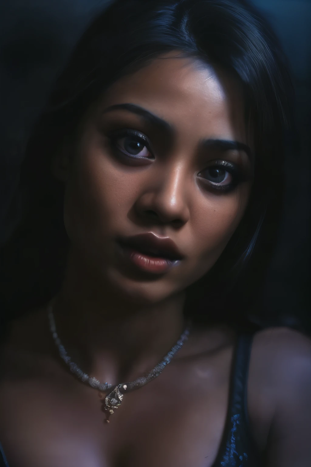 space, Bellydancer, sexy, cleavage, (close-up, editorial photograph of a 21 year old javanese woman), (highly detailed face:1.4) (smile:0.7) (background inside dark, moody, private study:1.3) POV, by lee jeffries, nikon d850, film stock photograph ,4 kodak portra 400 ,camera f1.6 lens ,rich colors ,hyper realistic ,lifelike texture, dramatic lighting , cinestill 800,