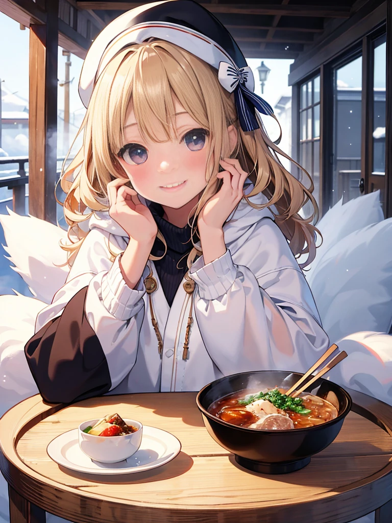 photo realistic, photo realistic, photo realistic, (masterpiece,best quality:1.4),(8k,raw photo,photo realistic:1.2),Not Safe for Work, detailed skin,detailed face,1girl,Japanese idol,cute face,A girl eating a bowl of ramen with chopsticks、delicious、stall、1 girl、cute、blonde、wavy hair、long hair、medium bob、Knitted hats、ribbon、white breath、face close up、はにかんだsmile、Winter clothes、Warm clothes、smile、14age、、white breath、Breathe on your hands、white muffler、Idol、cape、robe、It's snowing、Exhaled breath is white、steam、Winter Town、Lively、