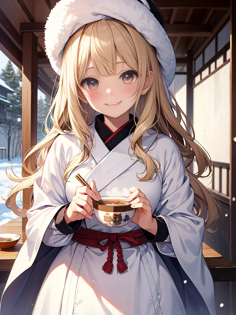 photo realistic, photo realistic, photo realistic, (masterpiece,best quality:1.4),(8k,raw photo,photo realistic:1.2),Not Safe for Work, detailed skin,detailed face,1girl,Japanese idol,cute face,A girl eating a bowl of ramen with chopsticks、delicious、stall、1 girl、cute、blonde、wavy hair、long hair、medium bob、Knitted hats、ribbon、white breath、face close up、はにかんだsmile、Winter clothes、Warm clothes、smile、14age、little girl、white breath、Breathe on your hands、white muffler、Idol、cape、robe、It's snowing、Exhaled breath is white、steam、Winter Town、Lively、